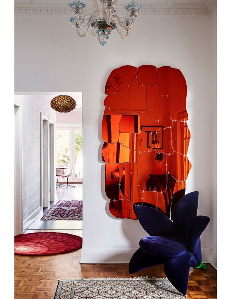 Avante Garde Interior Design, Orange Interior Design, Mirror Design Ideas, Coloured Mirror, Designer Mirrors, Mirror Interior Design, Orange Mirror, Colored Mirror, Art Mirror