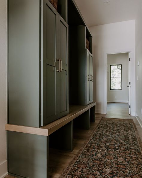 Jill Rolling | That pop of green from the kitchen to the mudroom🙌🏻 Love the way this mudroom locker design came together. • • • • 📸@brookepavel | Instagram Hallway Lockers, Diy Mudroom Lockers, Mudroom Locker, Mudroom Remodel, Locker Designs, Mudroom Lockers, Laundry Mud Room, Mud Room, Log Homes