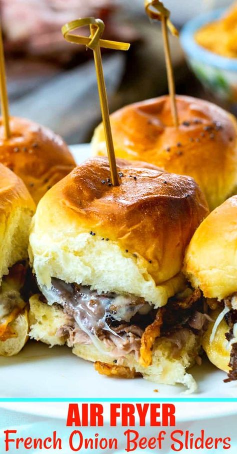 Air Fryer French Onion Beef Sliders - Skinny Southern Recipes French Onion Beef Sliders, French Onion Beef, Air Fryer Recipes Beef, Sliders Recipes Beef, Roast Beef Sliders, Slider Sandwiches, Sliced Roast Beef, Amazing Meals, Beef Sliders