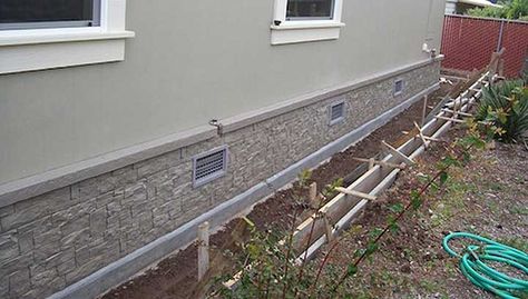 View Novik Stacked Stone Skirting at Skirting Direct -- Your Factory Direct Source for Skirting Products : Faux Stone Skirting Mobile Homes, Stone Skirting, Crawl Space Door, Foundation Ideas, House Skirting, Mobile Home Skirting, Stacked Stone Panels, Deck Skirting, Masonry Blocks