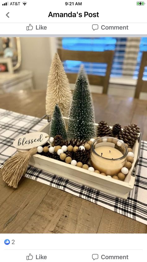 Kitchen Table Winter Decor, Christmas Rectangle Tray Decor, Coffee Table Christmas Decor Ideas Decorative Trays, Wooden Tray Christmas Decor, Tabletop Nativity Scene Display Ideas, Christmas Tray Decor Coffee Tables Living Room, Christmas Decor End Table, Ottoman Tray Decor Ideas Christmas, Christmas Tray Decor Ideas Rectangle