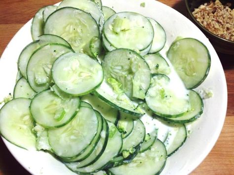 This is the best cucumber salad I have ever had. This is my grandmothers recipe, (she was from Nagyszentmiklos) and this is a perfect companion dish for chicken paprikas, although I could make a meal out of it. This will quickly become your favorite way to eat cucumbers! Hungarian Cucumber Salad, Creamed Cucumbers, Hungarian Cuisine, Paprika Chicken, Cucumber Recipes, Hungarian Recipes, European Food, Cucumber Salad, A Bowl