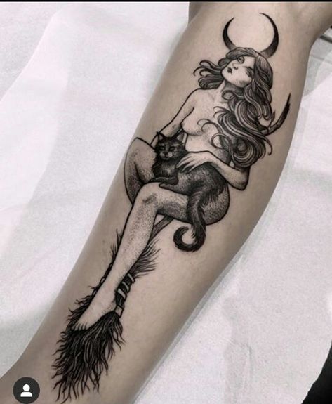 Witch Tattoo Forearm, Witchy Pinup Tattoo, Naked Witch Tattoo, Witch Pinup Tattoo, Witch Pin Up Tattoo, Witch Tattoo Sleeve, Dark Witch Tattoo, Witchcraft Tattoos, Scandinavian Tattoo