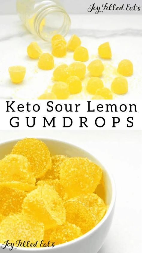 Sour Lemon Gumdrops - Low Carb, Keto, Sugar-Free, THM FP - If you haven't tried making your own homemade low carb gumdrops, you are missing out! This sour lemon gummy recipe comes together in just a few minutes! And they are very kid-friendly! #lowcarb #lowcarbrecipes #lowcarbdiet #keto #ketorecipes #ketodiet #thm #trimhealthymama #glutenfree #grainfree #glutenfreerecipes #recipes #desserts #dessertrecipes #ketodessert #lowcarbdessert #sugarfree #dairyfree #snack #candy #sour #gummies Gumdrop Recipe, Gummy Recipe, Candy Gummies, Candy Sour, Sour Gummies, Jello Jigglers, Thm Fp, Healthy Gummies, Tartiflette Recipe