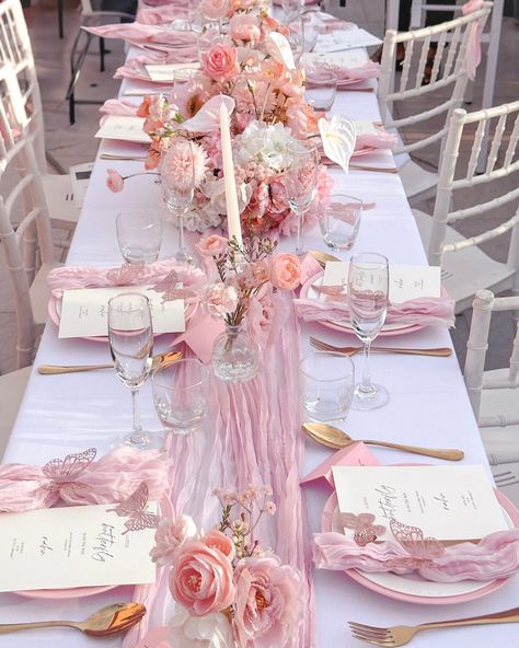 Slide to see butterflies flutter, bringing joy with their whimsical flight, a delightful sight at the butterfly themed baby shower tablescape created by us 🦋 👉 DMs to sprinkle some magic on your next event! #eventdecor #babyshower #picnictable #tablescape #babyshowerideas Pink Party Tables, Butterfly Tea Party, 15th Birthday Decorations, Fairytale Baby Shower, Pink Table Settings, Pink Tablescape, Butterfly Theme Party, Butterfly Birthday Theme, Butterfly Baby Shower Theme