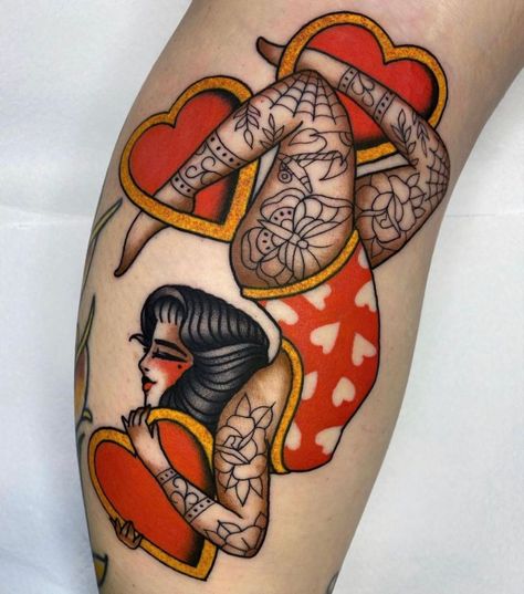 Carnival Tattoo, New Tattoo Styles, Best Cover Up Tattoos, Inner Bicep Tattoo, Pin Up Girl Tattoo, Traditional Tattoo Inspiration, Traditional Style Tattoo, Theme Tattoo, Old School Tattoo Designs