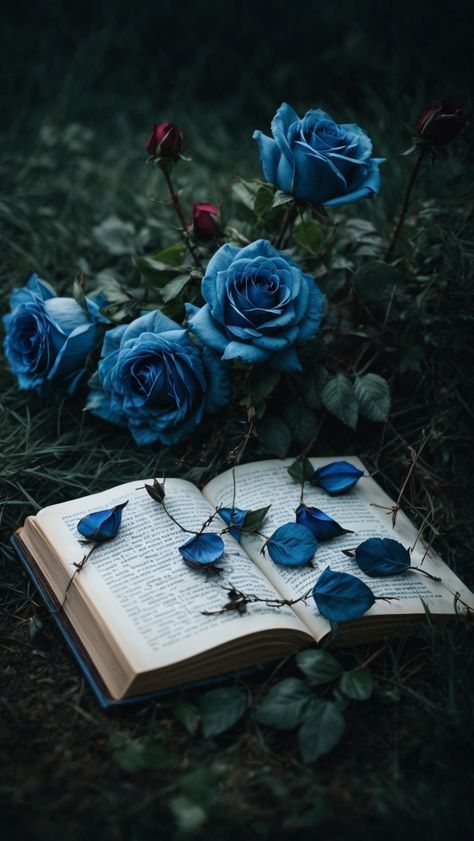 Blue Books Aesthetic Wallpaper, Dark Flowers Wallpaper Aesthetic, Dark Blue Book Aesthetic, Flowers In Books Aesthetic, Kyla Core Aesthetic, Iphone Wallpaper Book Aesthetic, Blue Roses Wallpaper Backgrounds, Book Flower Aesthetic, Blue Aesthetic Books