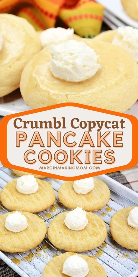 These pancake cookies are delicious AND fun! A copycat of the ever-popular Crumbl buttermilk pancake cookie, these cookies are topped with buttermilk syrup and a dollop of buttercream, so they look just like pancakes! Buttermilk Pancake Cookies, Buttermilk Pancake Crumbl Cookie, Crumbl Buttermilk Pancake Cookies, Pancake Crumbl Cookie, Crumbl Cookie Copycat Buttermilk Pancake, Crumbl Pancake Cookies, Crumbl Cannoli Cookie Copycat, Pancake Cookie Recipe, Crumbl Copycat Cookie Recipe