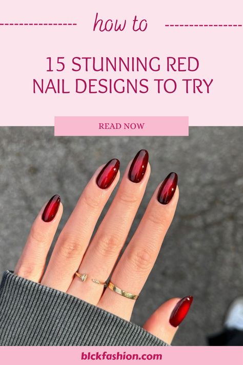 Looking for bold nail inspiration? Check out these 15 stunning red nail designs ready to spice up your manicure game! From glossy finishes to intricate patterns, it offers something for every style lover. Whether you're headed to a date night, a party, or just want to elevate your everyday look, these vibrant red nails will surely get you noticed. Perfect for any occasion, these designs literally sparkle with confidence and pizzazz. Get inspired and don't miss out on the hottest nail trends today! Red Tips Dip Nails, Chilli Red Nails, Red Nail Gel Design, Red Galaxy Nails, Iridescent Red Nails, Milky Red Nails, Red Nail Inspo Square, Deep Red Christmas Nails, Dark Red Nail Color