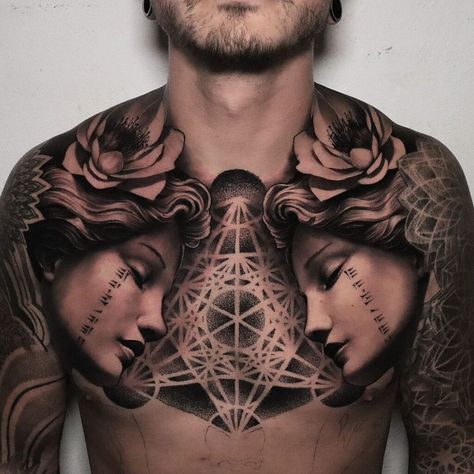 22 Chest Tattoos For Men That Are Cool & Empowering Mandala Chest Tattoo, Chest Piece Tattoo, Owl Tattoo Chest, Chest Tattoos For Men, Geometric Chest, Spiral Tattoos, Love Being Single, Tatted Men, Understanding Women