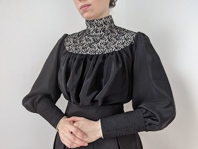 Making a Black Silk Edwardian Shirtwaist w/ Lace Yoke Edwardian Blouse Pattern, Edwardian Shirtwaist, Edwardian Shirt, Edwardian Blouse, 20th Century Fashion, History Fashion, Gibson Girl, Dress Tutorials, Period Outfit