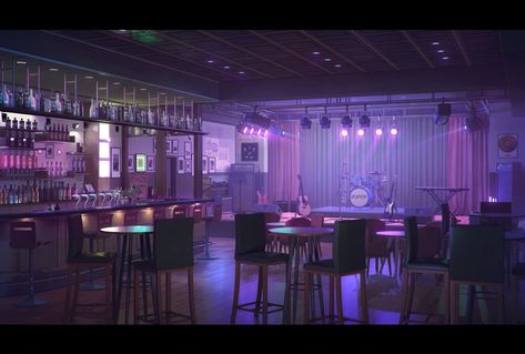 Bar/Concert Room, Goliat Gashi on ArtStation at https://www.artstation.com/artwork/4bb9rk Bar Concert, Casa Anime, Episode Interactive Backgrounds, Night Bar, Episode Backgrounds, Scenery Background, Cyberpunk City, Cartoon Background, New Backgrounds