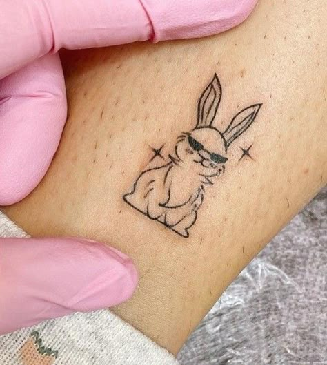 Cartoon Rabbit Tattoo, Bunny With Halo Tattoo, Funny Bunny Tattoo, Gothic Rabbit Tattoo, Ghost Bunny Tattoo, Bunny Hand Tattoo, Character Tattoo Ideas, White Rabbit Tattoo, Mouth Tattoo