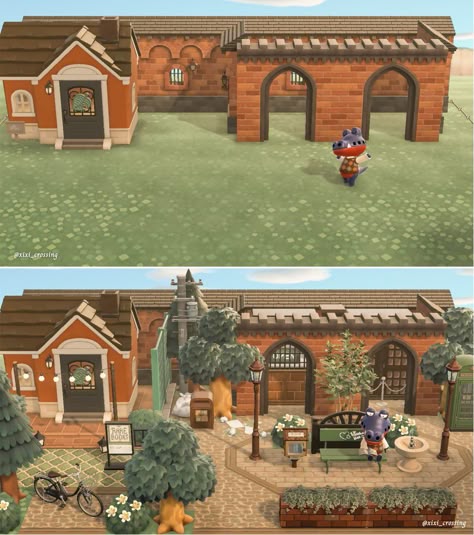 Buildings Animal Crossing, Acnh Island Builds, Acnh Villager House Exterior Ideas, Anch Towncore, Towncore Animal Crossing, Acnh Villager House Exterior, Acnh Island Decoration Ideas, Acnh Island Build Ideas, Acnh Towncore Ideas