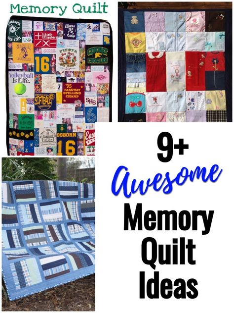 9 Awesome Memory Quilt Ideas - Create with Claudia Tshirt Quilt Pattern Ideas Design, Memory Quilt Ideas, Beginners Quilting, Memory Pillow From Shirt, Memory Clothes, Shirt Pillows, Memorial Gardens, Kid Quilts, Clothing Keepsake