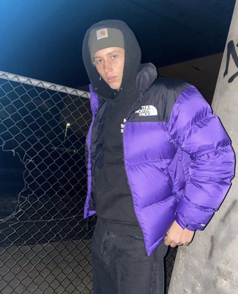 Levi Skyum, Purple North Face, Blonde Boy Aesthetic, Puffer Outfit, Nuptse Jacket, North Face Nuptse, North Face Puffer Jacket, Classy Outfits Men, Mens Puffer Jacket