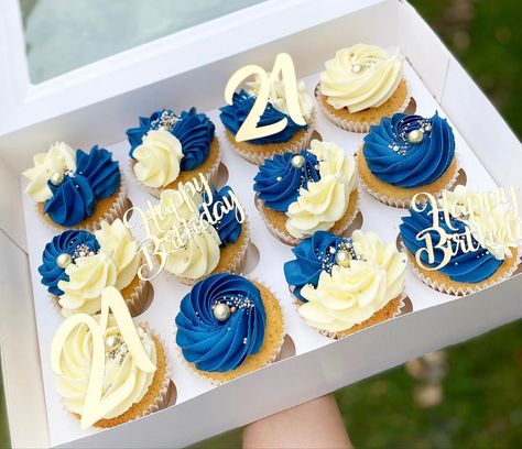 Blue Cupcakes For Men, Royal Blue Cupcakes Ideas, Birthday Cupcake Decorating Ideas For Men, Male Birthday Cupcakes, 90th Cupcakes, Male Cupcakes Ideas, 21st Birthday Cupcakes For Guys, Birthday Cupcakes Ideas For Boyfriend, Happy Birthday Cupcakes For Men