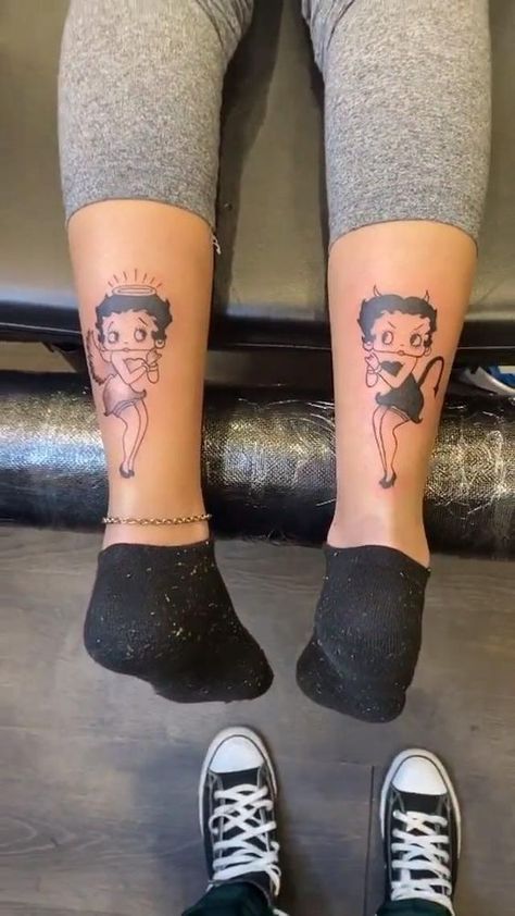 Betty Boop Tattoo Ideas, Devil And Angel Tattoo, Angel And Devil Tattoo, Betty Boop Tattoo, People With Tattoos, Angel Devil Tattoo, Betty Boop Tattoos, Devil Tattoo, Scary Tattoos