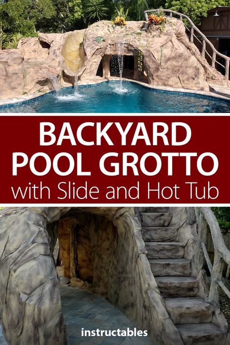 Hot Tub Grotto, Rock Pool Slide, Pool With Slide And Waterfall, Diy Concrete Pool, Backyard Grotto, Homemade Water Slide, Pool Slide Diy, Inground Pool Slides, Pool Waterslide