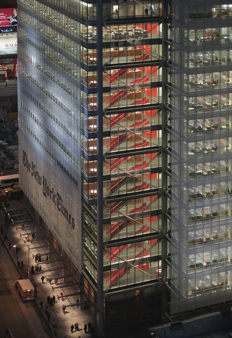 New York Times Building, Renzo Piano Architecture, Building Workshop, Industrial Office Design, New York Architecture, Stairs Architecture, Architectural Engineering, Facade Lighting, Renzo Piano