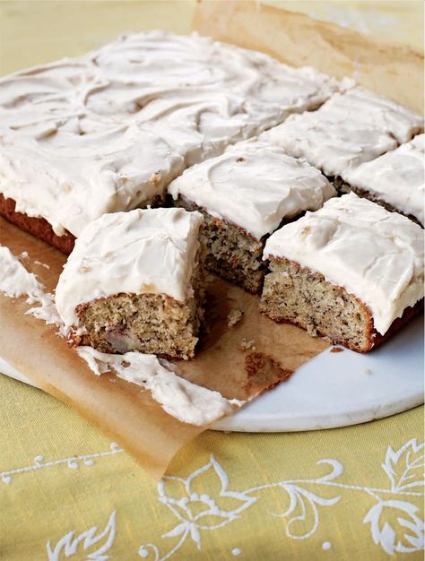 Banana Chiffon Cake with Banana–Cream Cheese Frosting from Back in the Day Bakery Made With Love by Cheryl Day and Griffith Day Banana Bread Recipe With Sour Milk, Brown Butter Frosting Recipe, Banana Bread Bars, Banana Bread Brownies, Sour Milk, Brown Butter Frosting, Butter Glaze, Banana Bars, Easy Cream