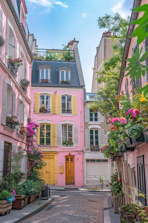 Picture a quaint baby pink home highlighted by cheerful yellow accents, creating a whimsical and inviting facade. Pink House Exterior, Paris Rooftops, Black Houses, Mansion Exterior, Town Houses, Building Photography, Yellow Houses, Colourful Buildings, Cute House