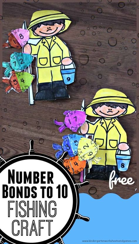 FREE Number Bonds to 10 Fishing Craft - this free printable summer math craft is a fun way for preschool, kindergarten and first grade kids to practice make 10. Perfect summer learning math practice #mathcraft #numberbonds #kindergarten Number Bond Activities, Number Bonds To 20, Summer Science Activities, Summer Science Experiments, Number Bonds To 10, Number Bond, Summer Science, Rhyming Activities, Summer Math