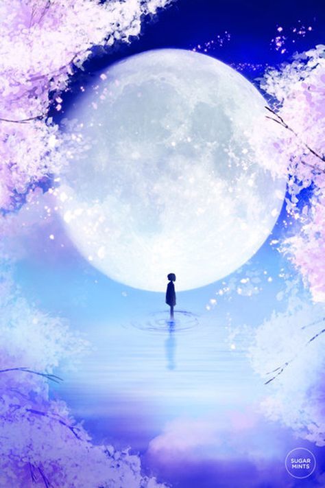 Moon Child, Full Moon, Blue Sky, Trees, Moon, Water, Flowers, Anime, Blue