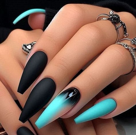 Teal Black And Silver Nails, Turquoise And Black Nails, Birthday 2023, Turquoise Nails, Silver Nails, Blue Square, Creative Nails, Square Nails, Tiffany Blue