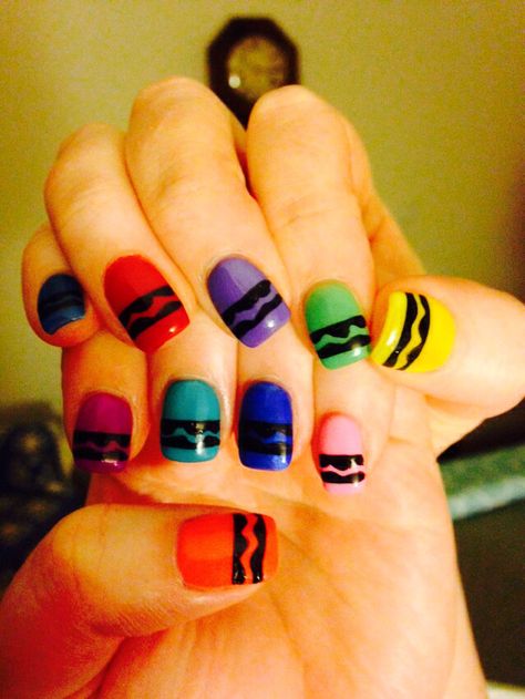 Back to school crayon nails! Crayon Nails Designs, Nails For Teachers, Crayon Nails, Teacher Nail Art, Teacher Nails, School Nail Art, Fresh Manicure, Future Nails, Bright Nail Designs