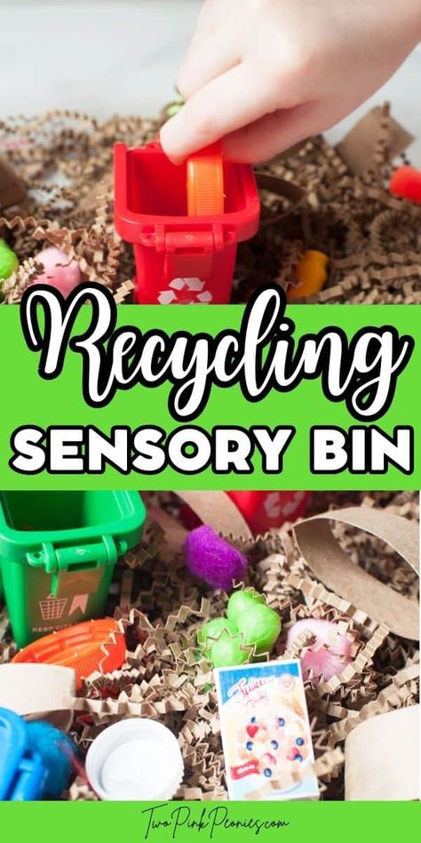 Recycling Sensory Bin Earthday Sensory For Preschoolers, Earth Sensory Activities, Recycling Sensory Bin Preschool, Toddler Earth Day Activities, Recycling Sensory Bin, Earth Day Activities For Toddlers, Earth Day Sensory Bin, Nature Sensory Bin, Community Helpers Sensory