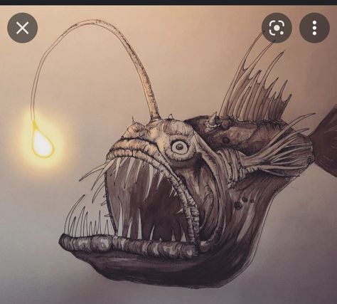 Angler Fish Illustration, Angler Fish Drawing, Angler Fish Costume, Fish Pencil Drawing, Angler Fish Art, Angler Fish Tattoo, Lantern Fish, Monster Sketch, Abstract Art Projects