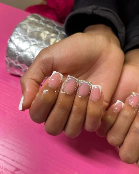 Short Nail With Gems, Small Bling Nails, Black Woman Nail Designs, White Nails With Rhinestones Short, Short French Tip With Rhinestones, Short Nails Gems, Square Nails With Gems, Simple Nails With Charms, French Tip With Diamonds