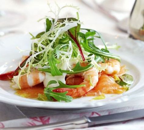 Dinner party starter recipes - BBC Good Food Starters Recipes Dinner Party, Dinner Party Starters, Prawn Salad, Horseradish Cream, Vinaigrette Recipe, Lime Vinaigrette, Healthy Salmon, Bbc Good Food, Vinaigrette Recipes