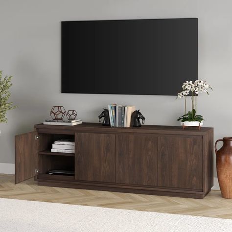 Wade Logan® Bickart 68'' Media Console & Reviews | Wayfair Dark Brown Tv Stand, Dark Wood Tv Stand, Transitional Tv Stand, Contemporary Tv Stand, Eclectic Modern, Media Storage, Tv Stands And Entertainment Centers, Upholstered Sectional, Media Console