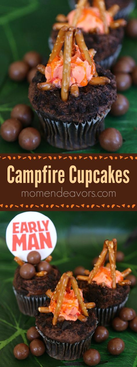 Campfire Cupcakes - perfect for some #EarlyMan Movie fun (in theaters 2/16) or a caveman party! AD Caveman Birthday Party, Caveman Party Ideas, Birthday Cupcakes Ideas For Women, Disney Frozen Party Food, Croods Party, Blair Birthday, Caveman Party, Birthday Cupcakes Ideas, First Tooth Party