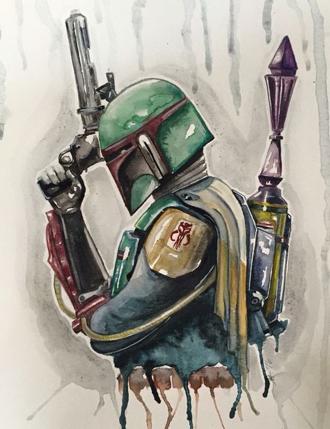 Boba Fett from Star Wars painting using watercolors Boba Fett Artwork, Boba Fett Wallpaper, Boba Fett Tattoo, Boba Fett Art, Boba Fett Costume, Boba Fett Helmet, Star Wars Painting, Star Wars Drawings, Star Wars Tattoo