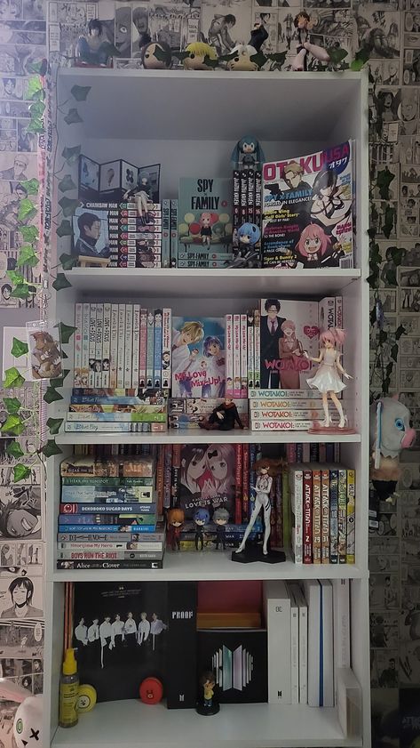 Manga, figures, spy X family, chainsaw man, bts, Demon slayer Manga Set Up, Anime Room Ideas Demon Slayer, Demon Slayer Bedroom, Anime Bookshelf Ideas, Spy X Family Room Decor, Manga Bookshelf Ideas, Demon Slayer Inspired Room, Demon Slayer Room, Demon Slayer Room Decor