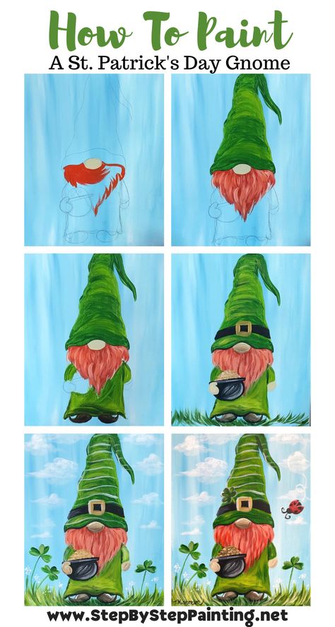 St. Patrick's Day Leprechaun Gnome Painting Gnome Paintings, Gnome Painting, St. Patrick's Day Diy, Saint Patricks Day Art, Gnome Paint, St Patricks Crafts, Canvas Painting Tutorials, Holiday Painting, St Patrick's Day Crafts