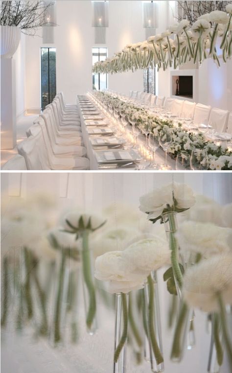 single flowers hung all in a row / SANDRA & VERONICA WEDDING PLANNERS Single Flowers, Flowers Hanging, Stunning Flowers, Modern Wedding Decor, Floral Chandelier, Test Tubes, Hanging Flowers, White Room, Event Inspiration