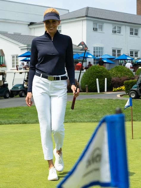 2023 Golf Fashion, Golf Day Outfits Women, Classic Golf Outfits Women, Ladies Golf Outfits Classy, Golf Woman Outfit, Golf Outfits For Women Over 50, Work Golf Outing Outfit, Womens Golf Outfit Pants, Modest Golf Outfits Women