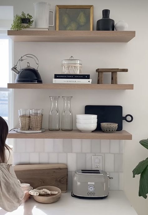 Korean Kitchen Aesthetic Minimalist, Cafe Shelf Decor, Kitchen Shelf Aesthetic, Scandi Kitchen Decor, Kitchen Shelf Styling Minimal, Kitchen Shelf Display, How To Make Walls Look Taller, Kitchen Shelf Decor Modern, Coffee Shelf Ideas