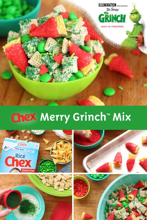 Sweet, salty, and delicious. Made with Chex™ Cereal, Bugles, and festive colored candies, this Merry Grinch™  Mix will be popular with kids and adults alike at your holiday celebration! See The Grinch ONLY IN THEATERS. Steak Roulade, Grinch Christmas Party, Dipping Oil, Grinch Party, Grinch Christmas Decorations, Chex Mix Recipes, Herb Seasoning, Chex Mix, Christmas Snacks