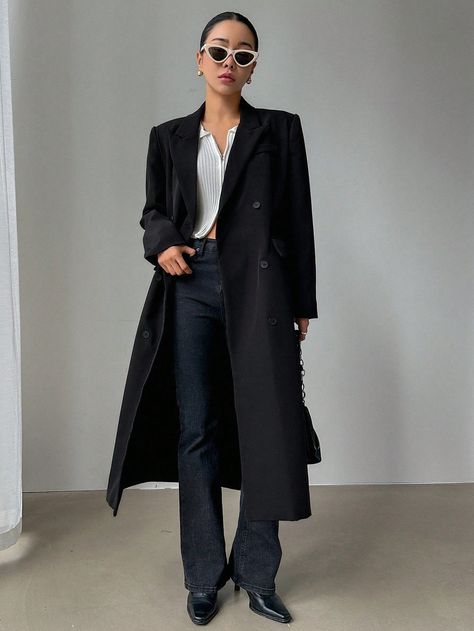 DAZY Lapel Neck Double Breasted Belted Longline CoatI discovered amazing products on SHEIN.com, come check them out! Long Blazer Coat, Longline Coat, Women Coats, Long Blazer, Oversized Coat, Coat Outfits, Blazer Coat, Long Coat, Black Coat