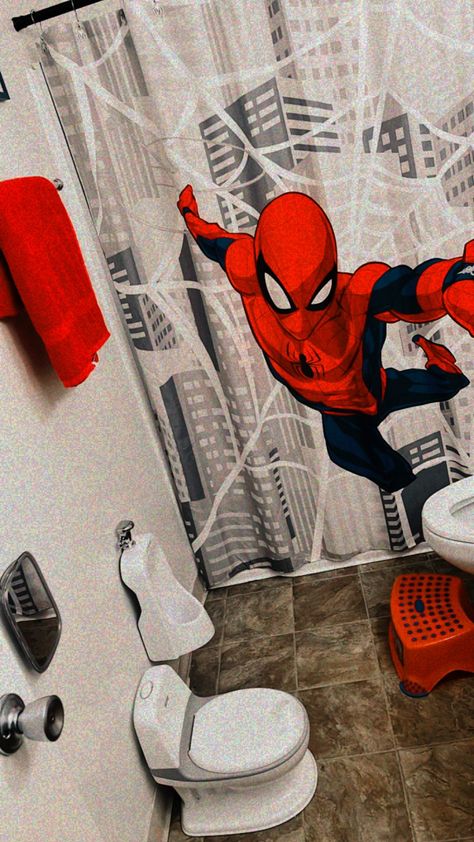 Spiderman Boys Bedroom, Man Bathroom Ideas, Spider Man Room Ideas Kids, Spiderman Bathroom, Man House Decor, Marvel Bathroom, Boy Bathroom Ideas, Spiderman Room Decor, Men Bathroom