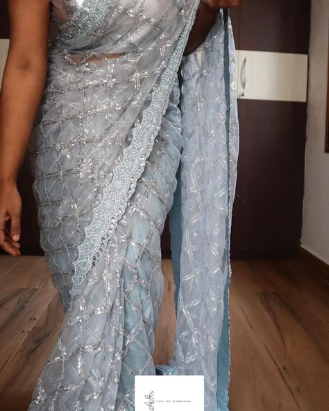 Net Sarees, Scallop Border, Bengali Bride, Sequin Embroidery, Net Saree, Sequins Embroidery, Silver Sequin, Bridal Saree, Saree Styles