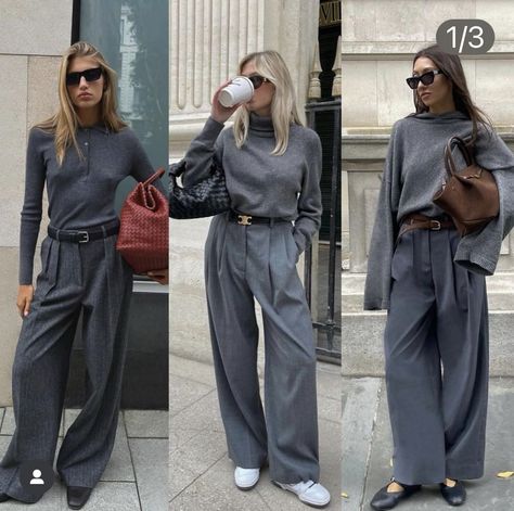 Wide Leg Pants Outfit Fall, Grey Dress Pants Outfit, Grey Trousers Outfit, Wide Pants Outfit, Minimalist Winter Outfit, Wide Leg Trousers Outfit, Grey Outfits, Grey Pants Outfit, Dress Pants Outfits