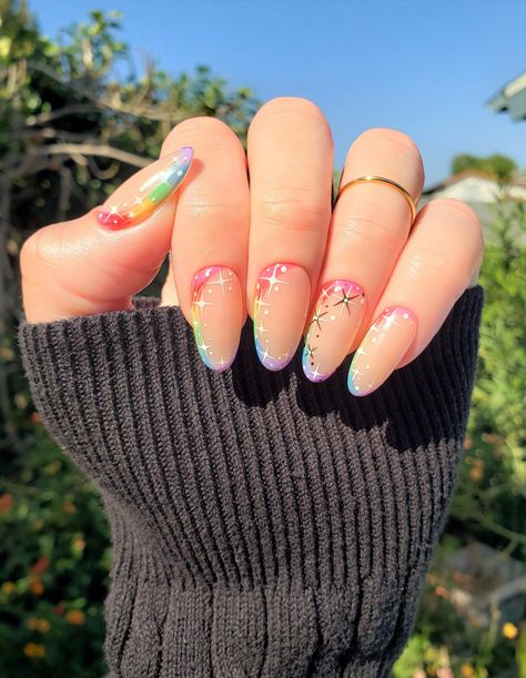 Sparkles Nail Art, Tropical Nails Almond Shape, Ditto Nails, Nails Medium Almond, Spirit Fingers, Rainbow Nails Design, Outfit Creator, Rainbow Nail Art, Nail Board