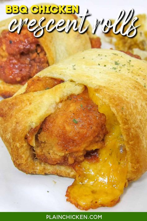 BBQ Chicken Crescent Rolls Recipe – only 4 ingredients!! Crispy chicken fingers, cheddar cheese, and tangy BBQ sauce wrapped up in golden crescent rolls. Perfect for picnics, parties, or any day you crave barbecue goodness. Get ready to savor the flavor! Kids go crazy over these! Can freeze leftovers for a quick snack later. Chicken Crescents, Freeze Leftovers, Cooking Fried Chicken, Chicken Crescent Rolls, Chicken Crescent, Tangy Bbq Sauce, Plain Chicken, Crescent Roll Recipes, Chicken Rolls