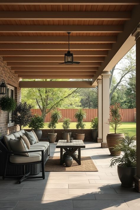 Looking to elevate your outdoor living space? Discover 15 stunning ideas for covered patios that bring comfort and style to any backyard! From inviting furnishings to cozy fire pits, we have creative solutions to inspire your perfect retreat. Each idea ensures that you not only protect yourself from the weather but also create a beautiful atmosphere. Transform your patio into a relaxing oasis with these fabulous tips and inspirations! Cement Patio Extension Ideas, Covered Patio Ranch House, Covered Stone Patio, Lean To Back Porch Patio, Texas Backyard Patio Ideas, Patio With Screened In Porch, Covered Patio Fire Pit Ideas, Deck Ceiling Ideas Covered Patios, Simple Covered Patio Ideas